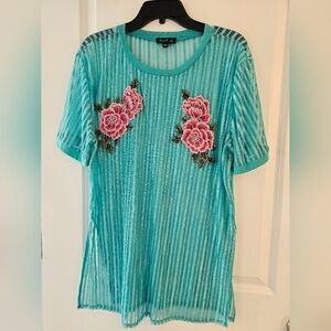 2x Love J greenish blue sheer top with floral embellishments on the chest Easter
